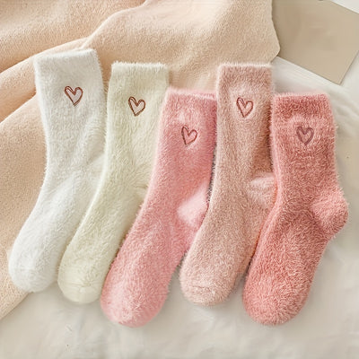 Cozy Heart‑Embroidered Socks (5 Pairs) – Soft, Fluffy, Mid‑Calf