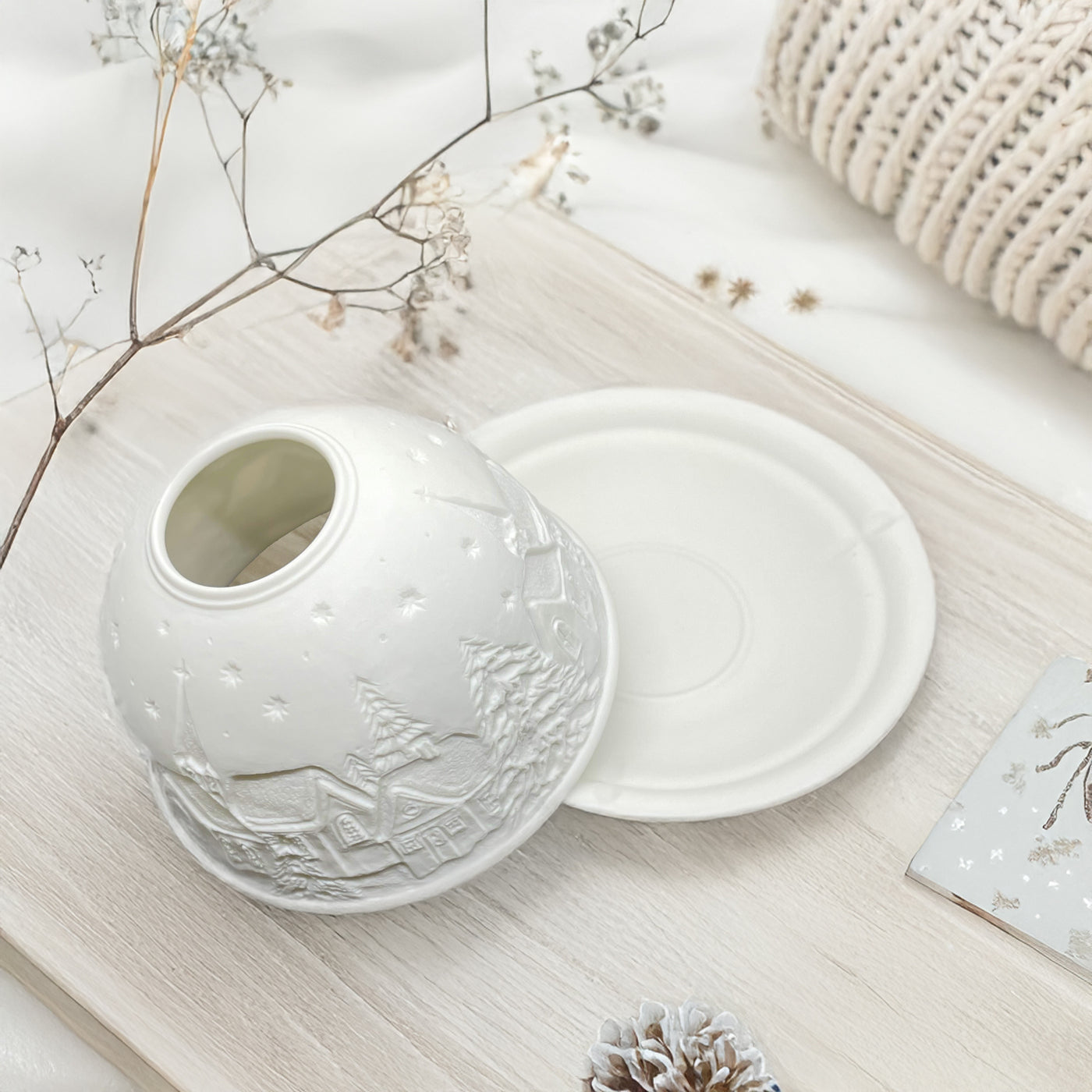 Porcelain Dome Tealight Holder with Winter Village Scene | Premium