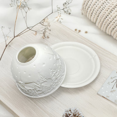 Porcelain Dome Tealight Holder with Winter Village Scene | Premium