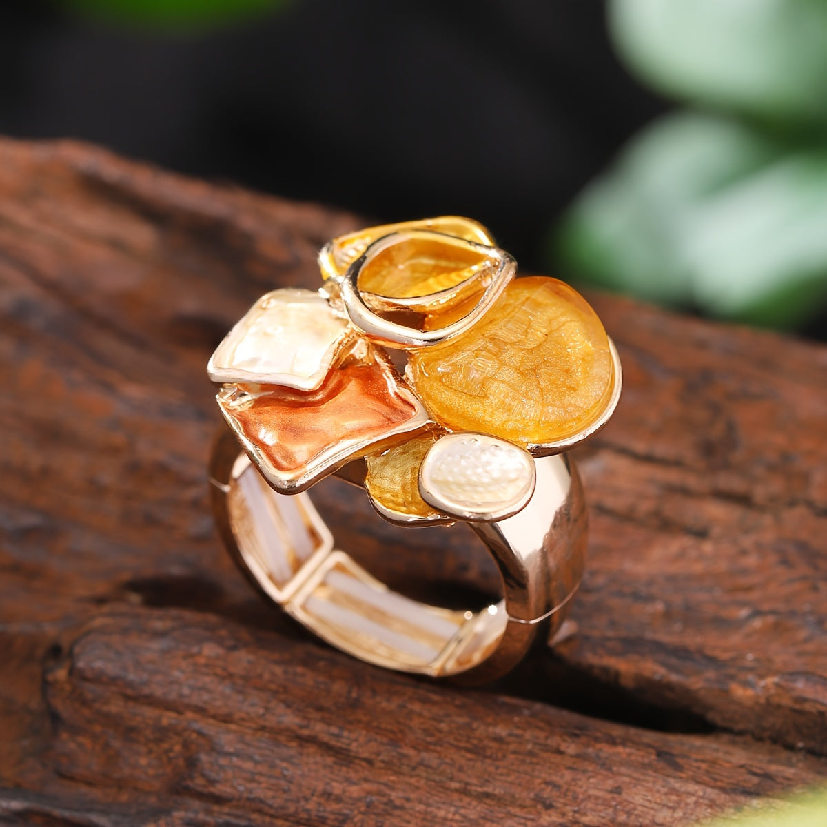 Bohemian Geometric Ring - Elastic Enamel & Gold Finish | UK