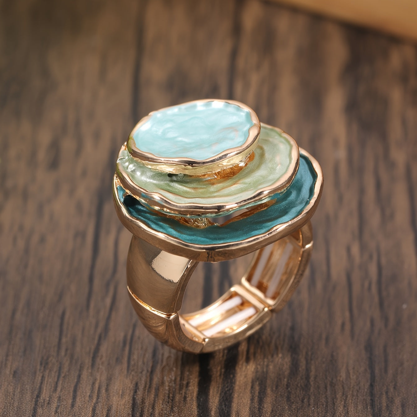 Boho Enamel Ring Three‑Layer Elastic Zinc Alloy with KC Gold
