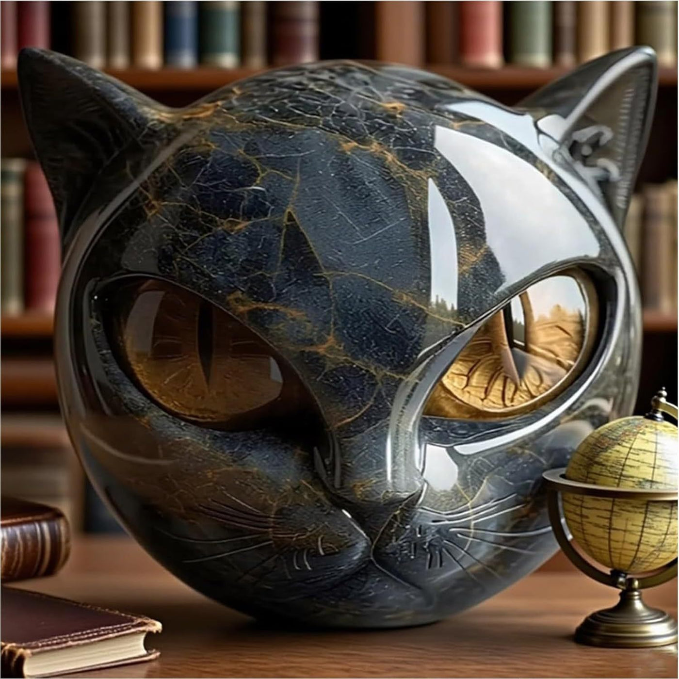 Hand Carved Resin Black Cat Stone Sculpture with Golden Eyes Premium