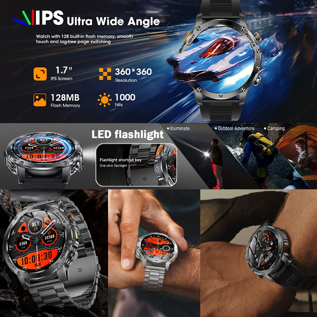 Paearofero Outdoor Smartwatch with 1000mAh Battery & LED Flashlight