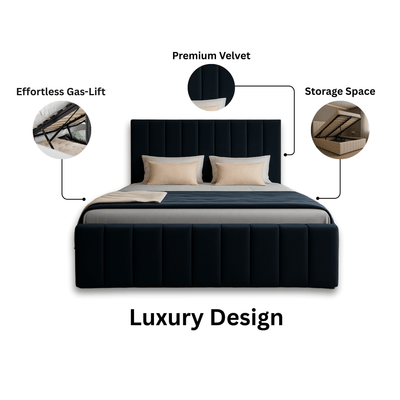 black velvet ottoman bed with storage space and gas lift